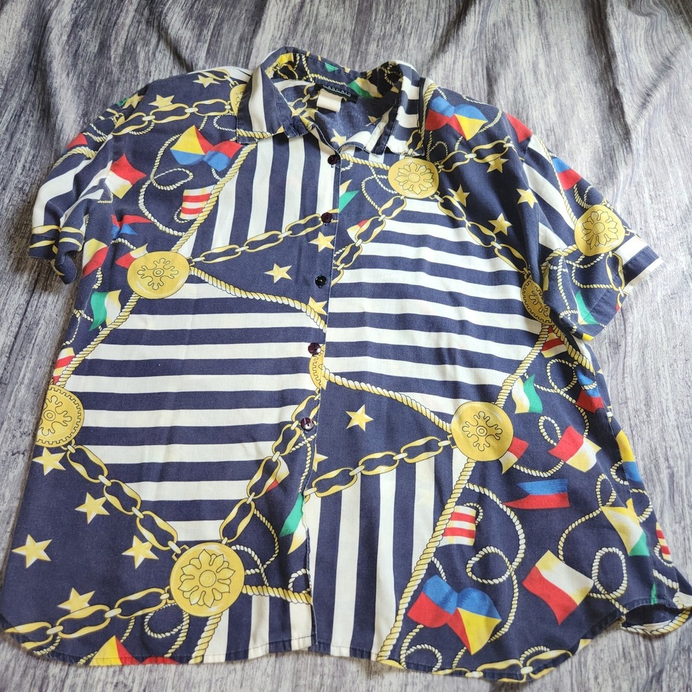 VTG Cascais Nautical Print Button Up Short Sleeve Shirt - Striped -‎ XL